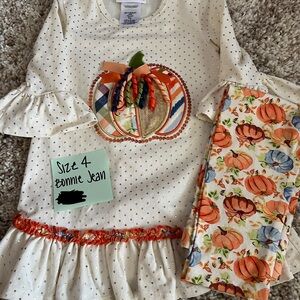 Bonnie Jean Cream & Orange Pumpkin Ruffle Dress with Pumpkin Leggings